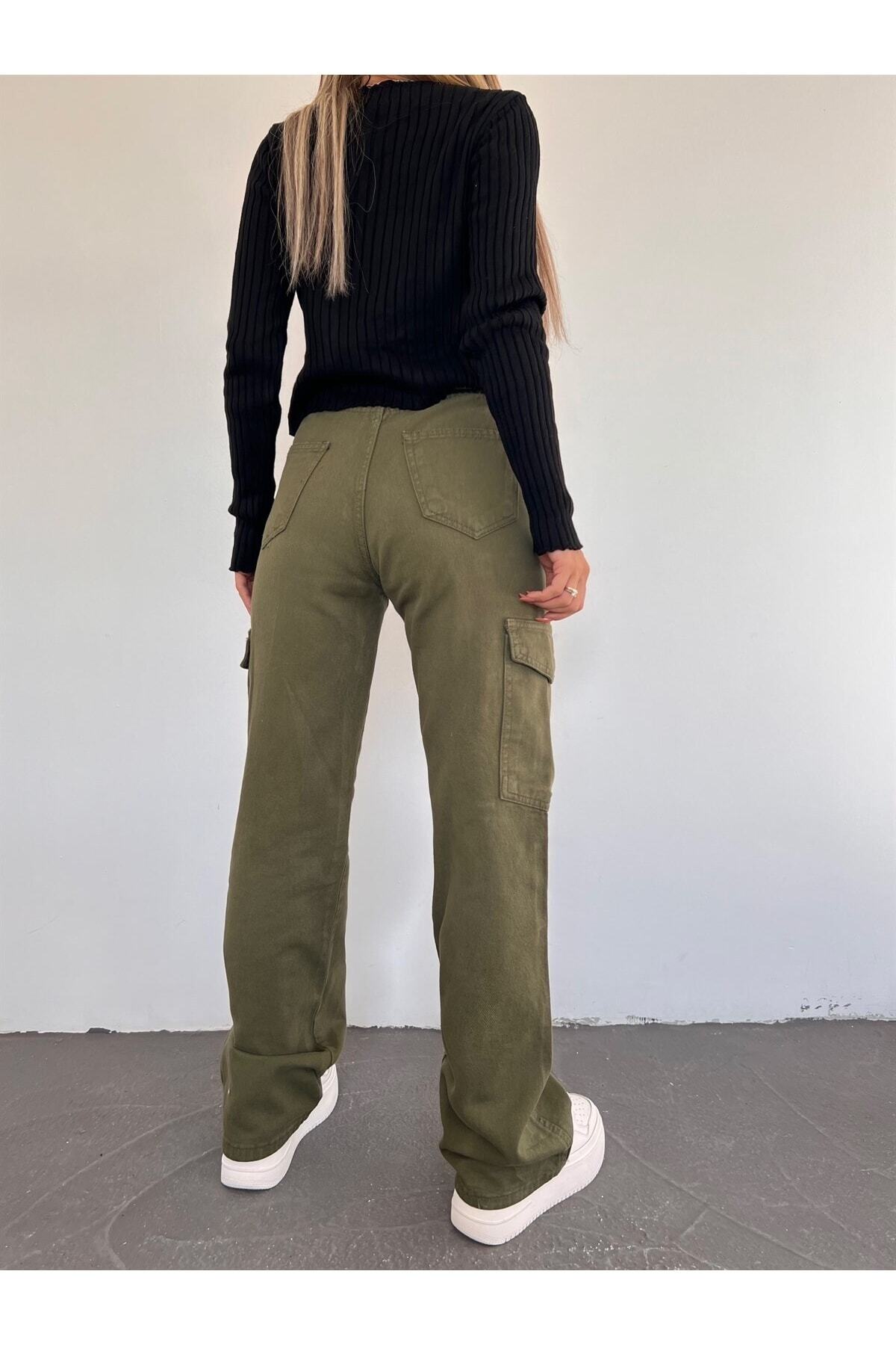 LAMİRAMOOD  Haki Kargocep Yüksek Bel Wide Leg Palazzo - Görsel 4