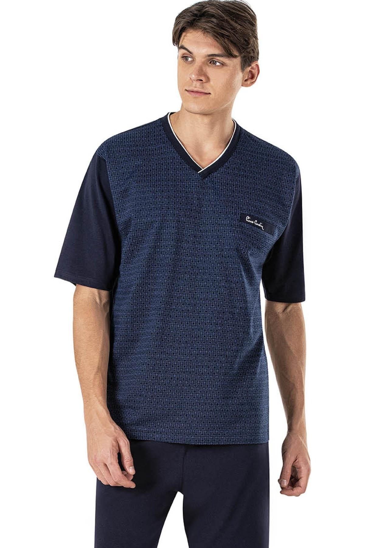 ست پیژامه آبی مردانه لباس خواب و شلوارک آستین کوتاه یقه V 3 تکه ژاکارد 100% نخی Pierre Cardin