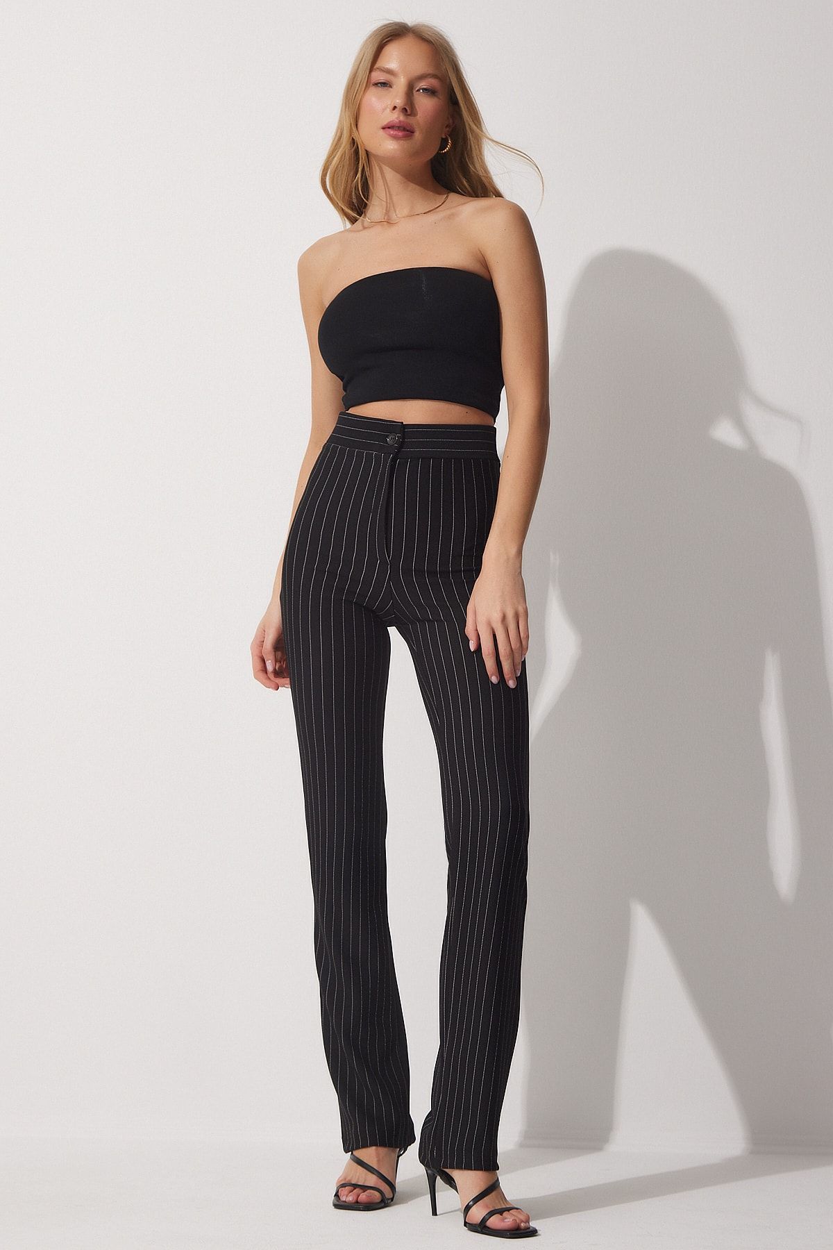 Happiness İstanbul-Women's Black High Waist Striped Pants RV00094 3
