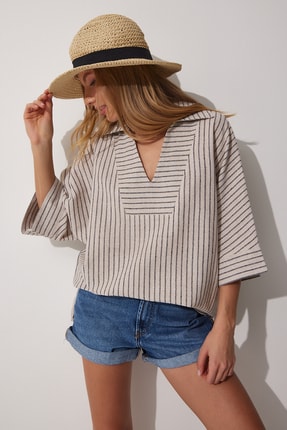 Happiness İstanbul Kadın Bej Polo Yaka İnce &Ccedil;izgili Ham Keten Tunik NV00052