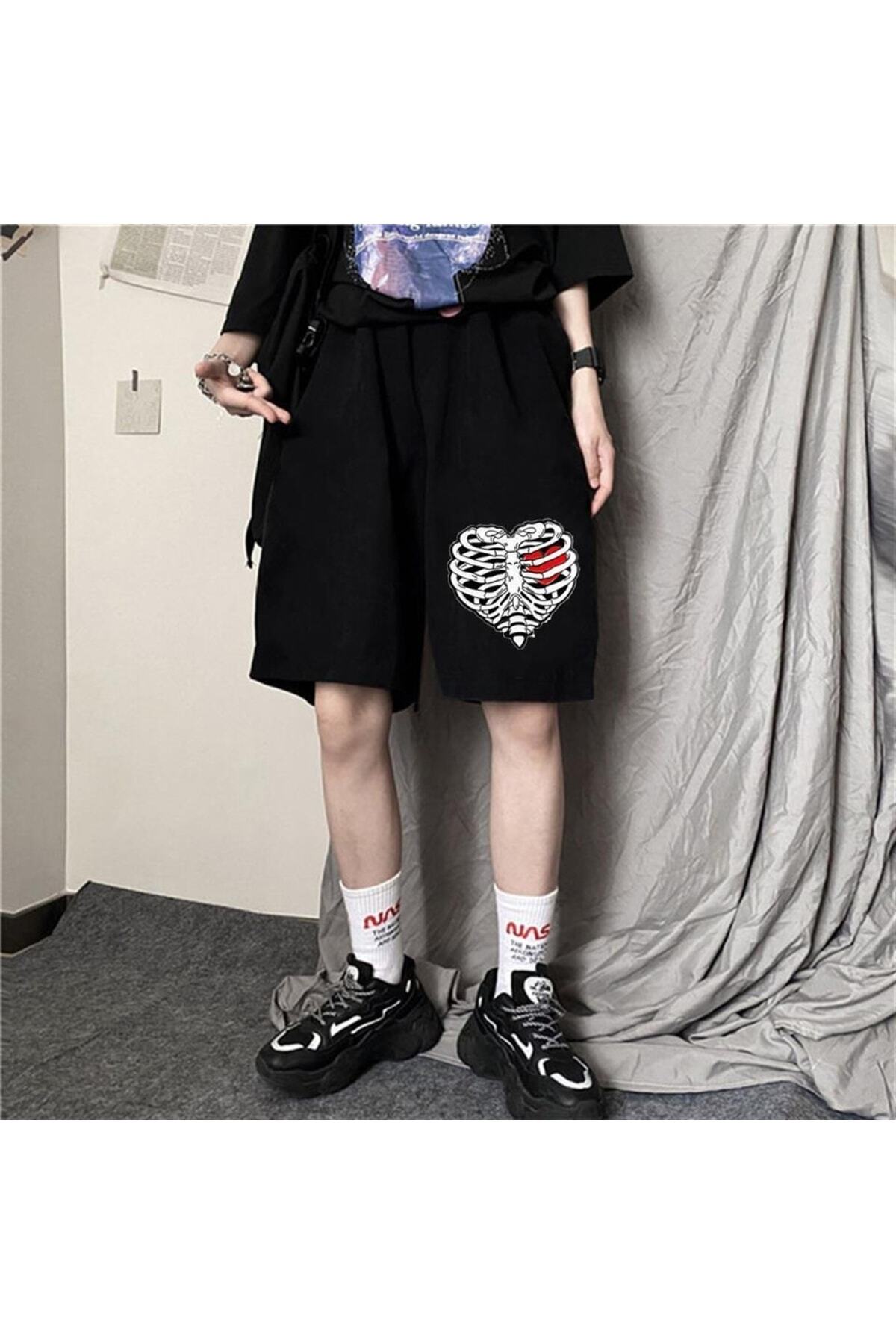 Touz-Eysa Heart Rib Printed Black Unisex Combed Cotton Shorts 2