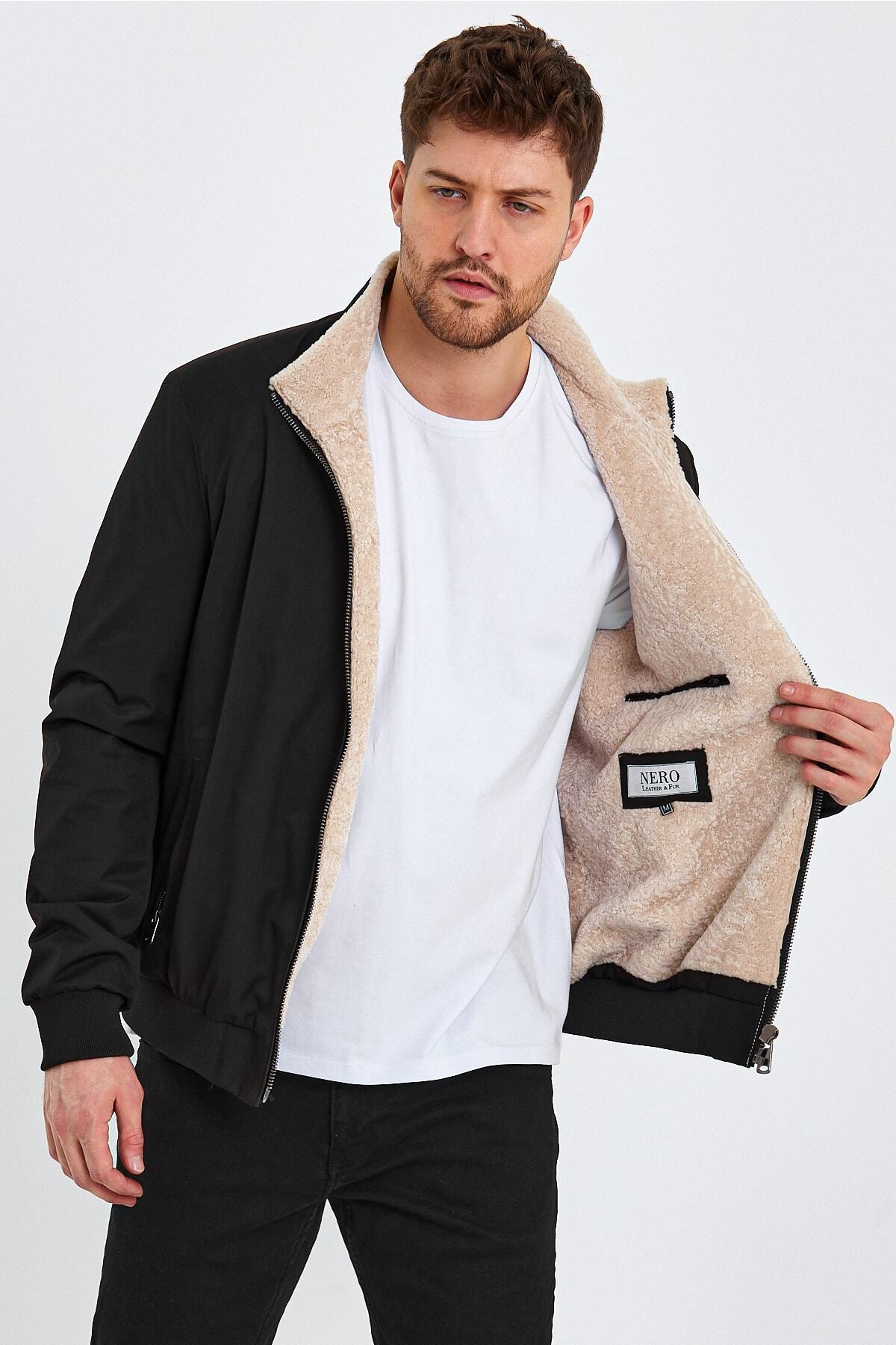 کاپشن مردانه مشکی nero leather fur | HN6KMS اورجینال - تصویر 2