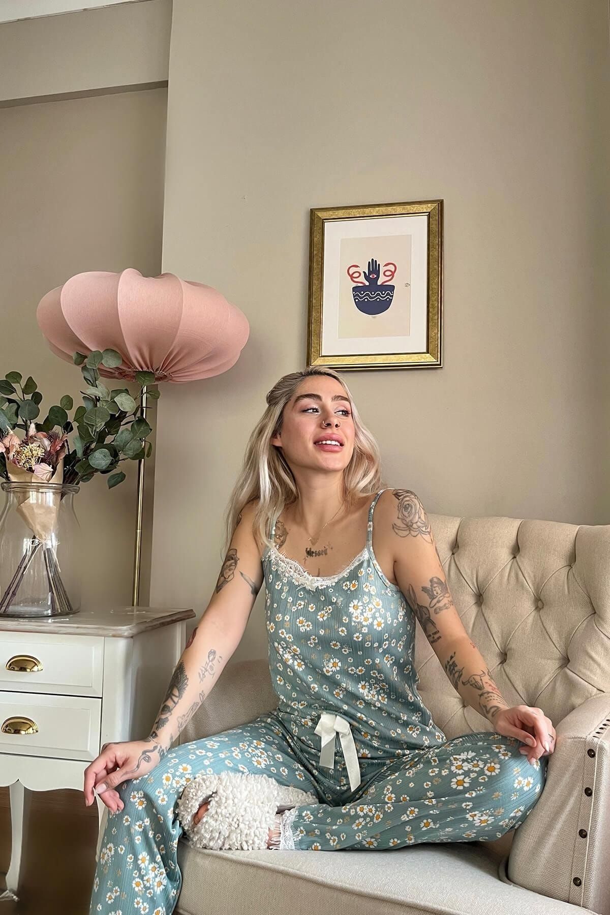 Pijamaevi-Πλεκτό Γυναικείο Σετ Πυτζάμες Πράσινο Mini Daisy Lace String String 2