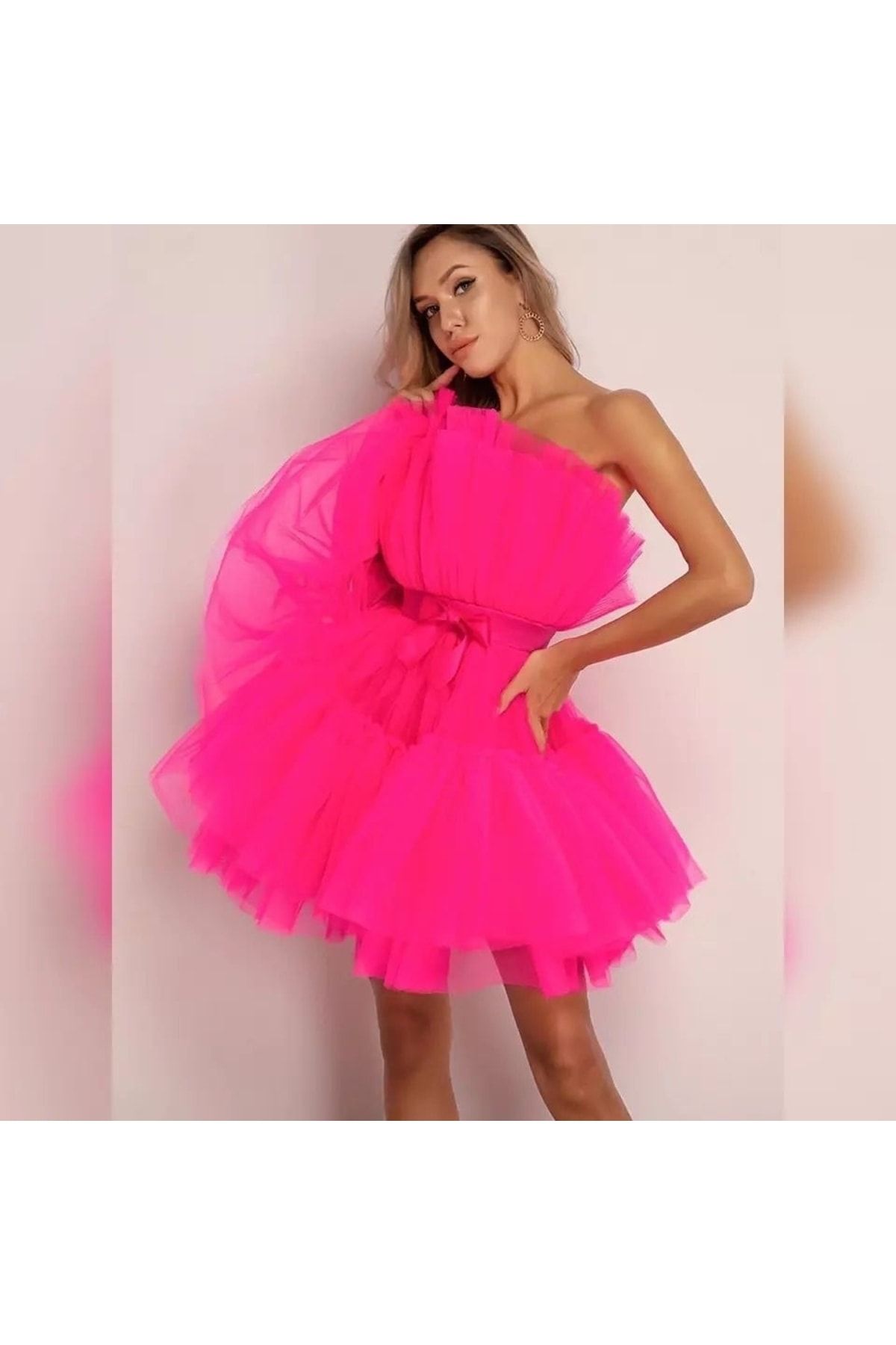 Kadın Kısa Pembe Tül Elbise