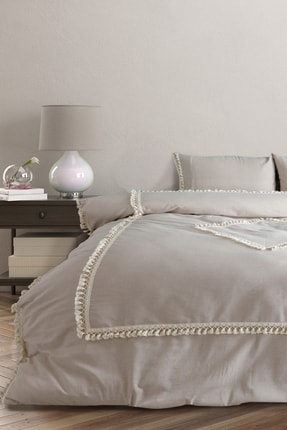 NDC HOME Bej Pamuk Keten Ikili Baklava Desen Ponponlu Çift Kişilik Nevresim T...