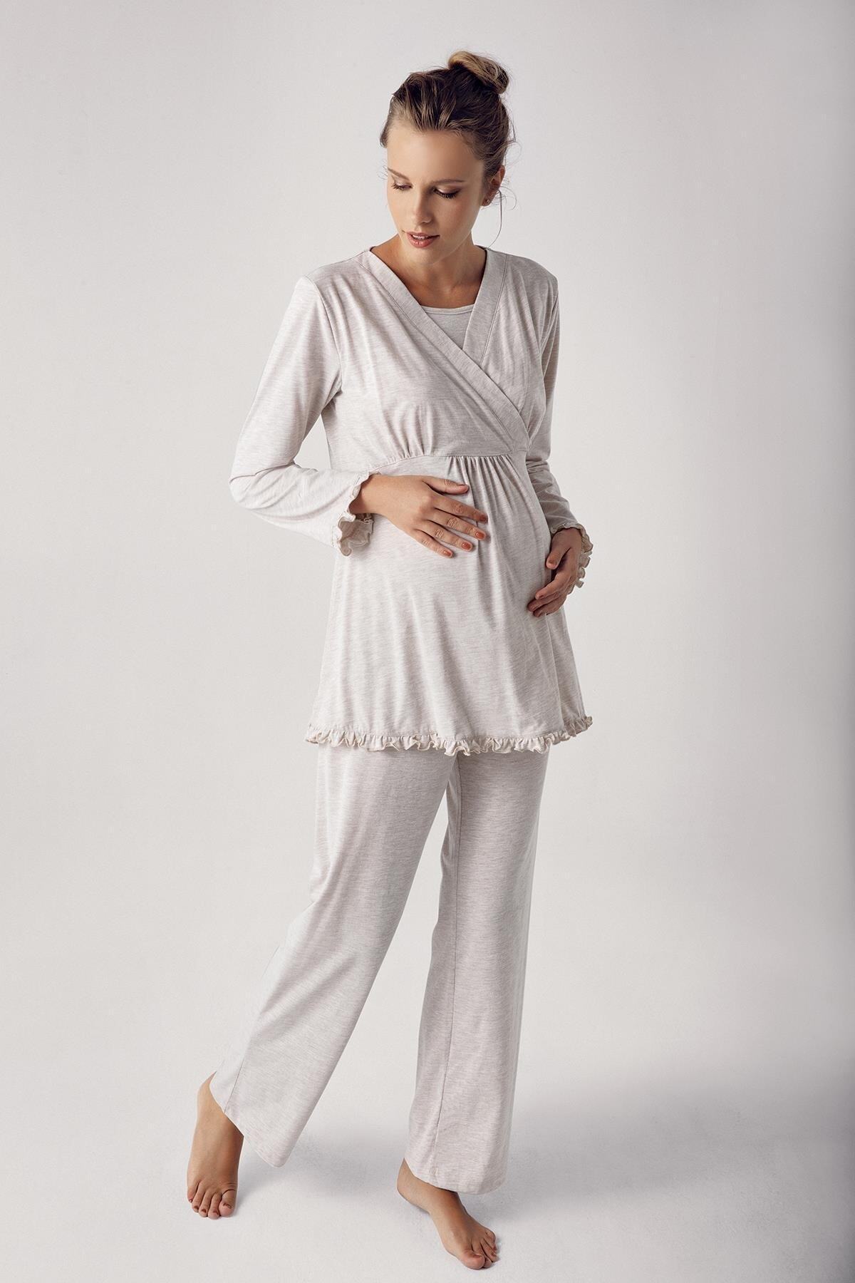 Artış Kadın Uzun Kollu Esnek Pamuklu Kumaş Hamile Pijama Takımı 13201