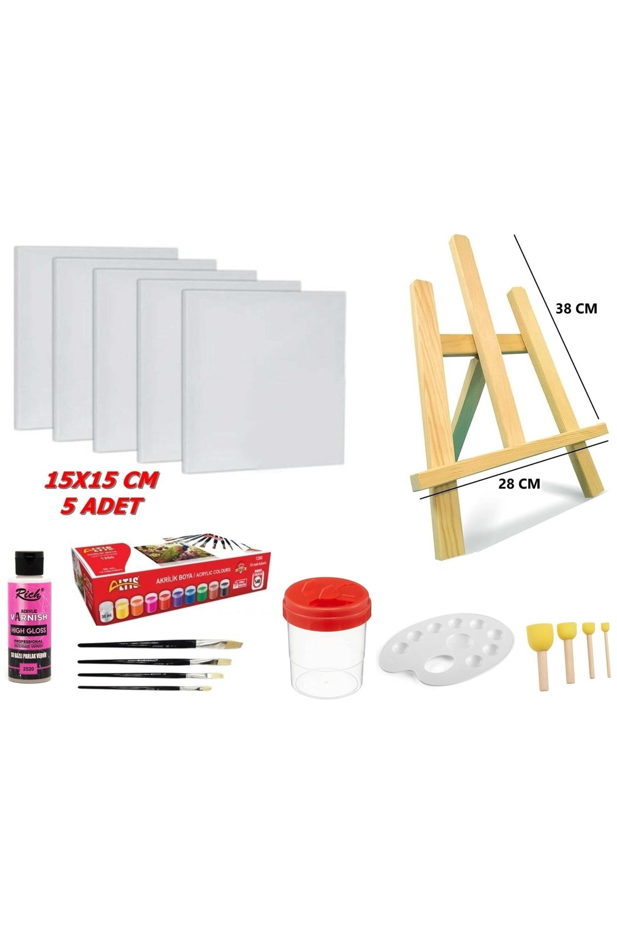 5 Adet 15x15 Cm Tuval Ve Masaüstü Şövale Akrilik Boya Seti Palet Fırça Vernik Vs