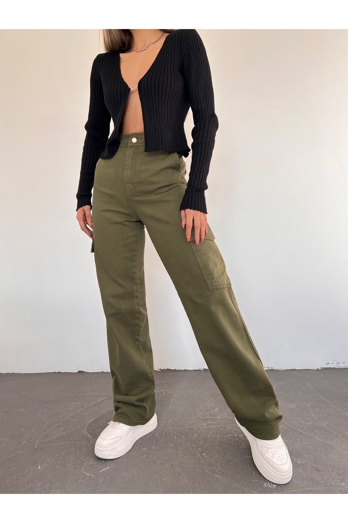 LAMİRAMOOD  Haki Kargocep Yüksek Bel Wide Leg Palazzo - Görsel 2