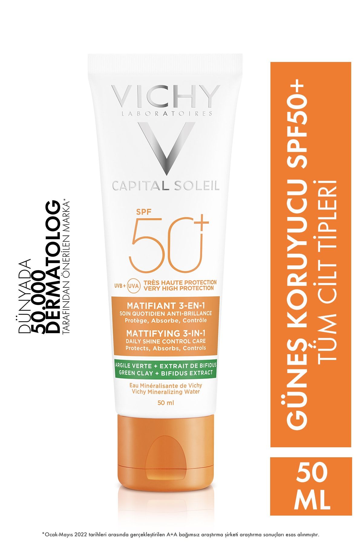 Vichy کرم ضد آفتاب مات کننده صورت Capital Soleil SPF 50 مات کننده 3 در 1 با محافظت بسیار بالا  50 میل