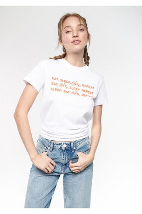 Mavi Eat Sleep Baskılı Beyaz Tiş&ouml;rt Regular Fit / Normal Kesim 1611257-620