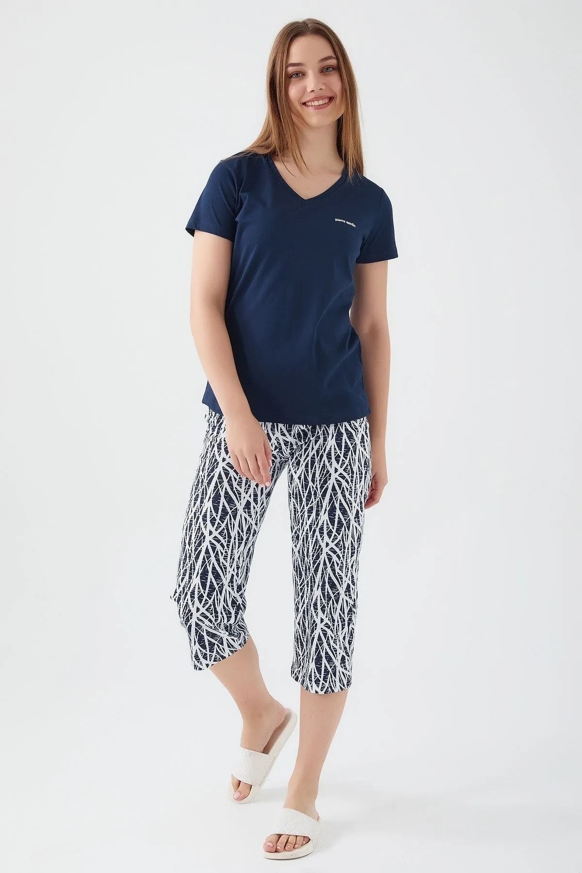 Pierre Cardin V-Neck 100% Cotton Women's Capri Pajama Set 8573 - Trendyol