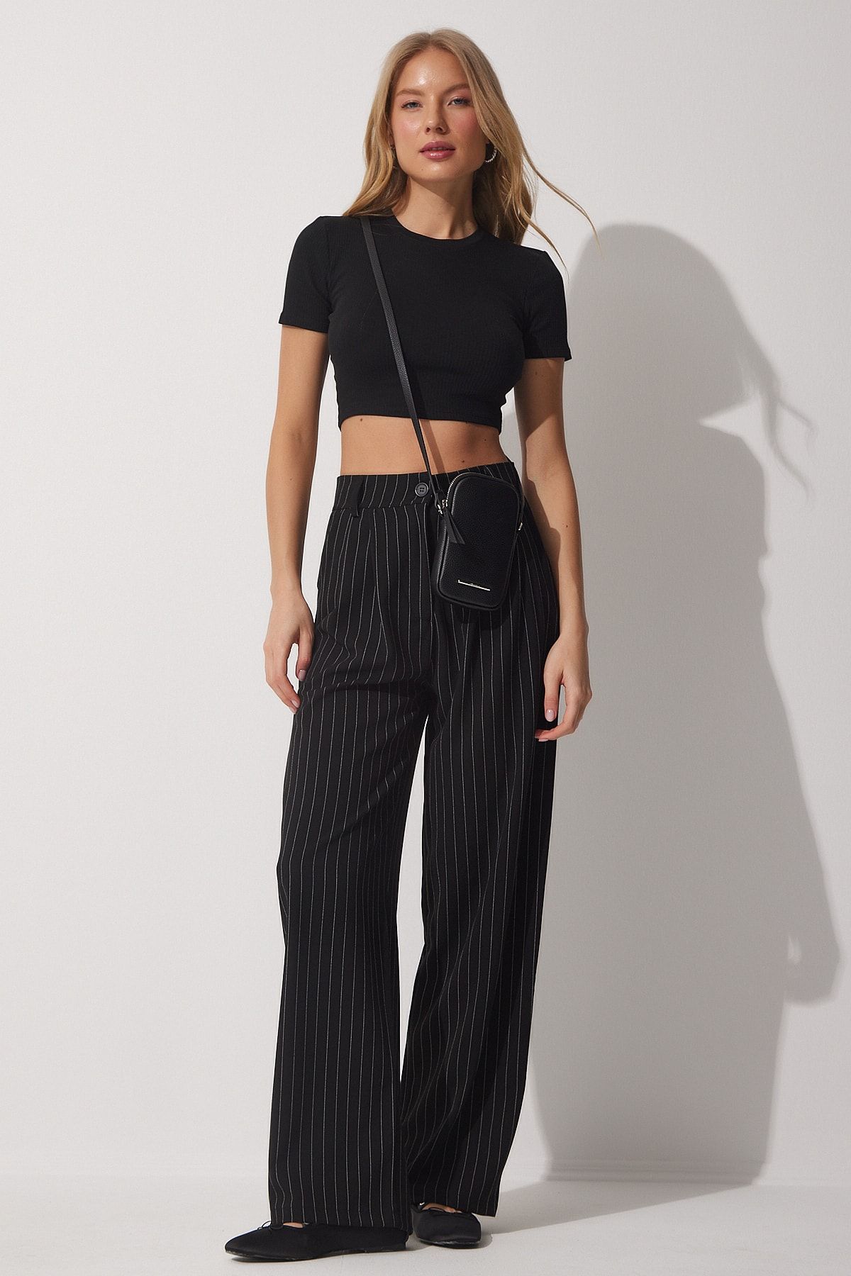Black ribbed wide leg trousers outlet