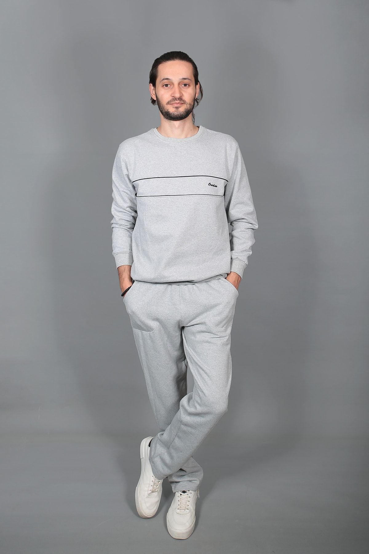 fkgiyim Gray Comfortable Pattern Embroidered Thick Sweat Men s Tracksuit Set