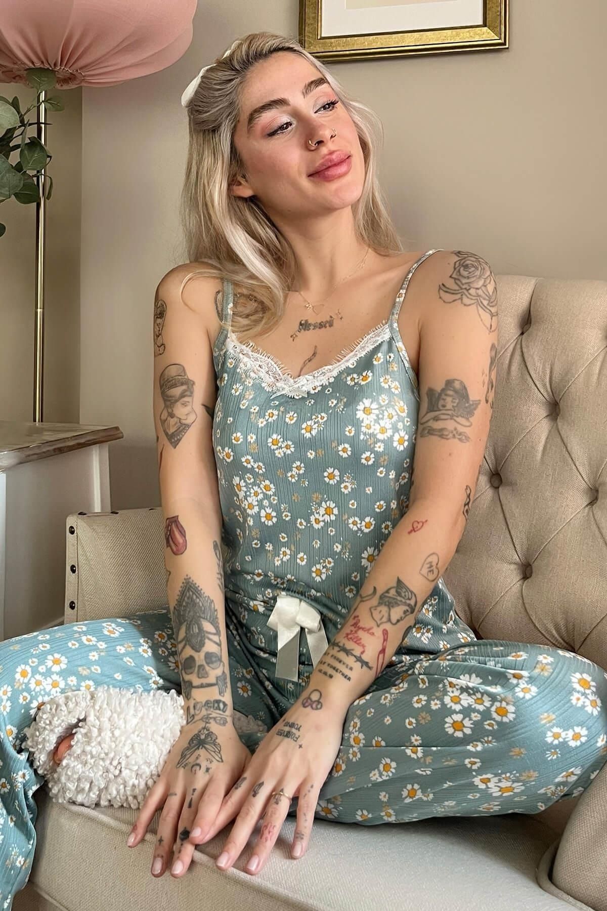 Pijamaevi-Πλεκτό Γυναικείο Σετ Πυτζάμες Πράσινο Mini Daisy Lace String String 1