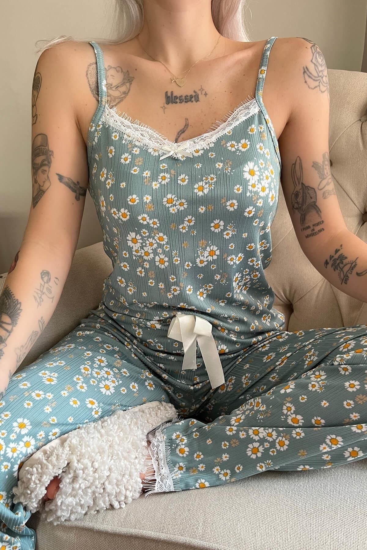 Pijamaevi-Πλεκτό Γυναικείο Σετ Πυτζάμες Πράσινο Mini Daisy Lace String String 4