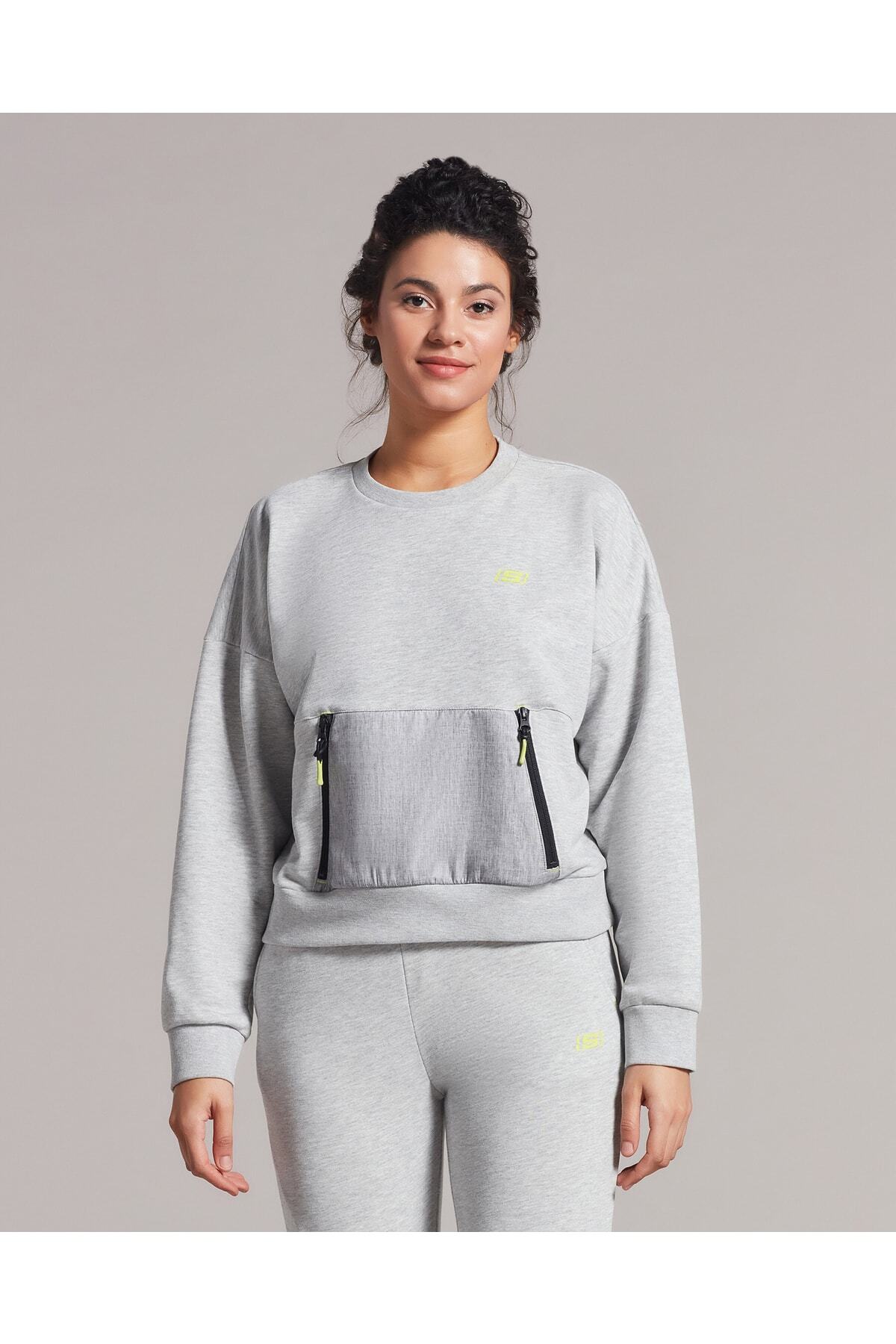 SKECHERS W LW Fleece Fabric Block Crew Neck Sweatshirt Kadın Gri Sweatshirt  | www.willowsreigate.co.uk