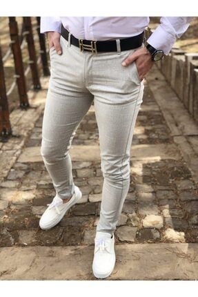 Erkek Krem İtalyan Kesim Petek Desen Keten Pantolon UKD1261