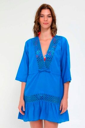 Kadın Kare Delik Detaylı Saks Mavi Deniz Elbisesi EP2120