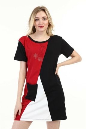 Kadın Kırmızı Siyah Mini Boy Gömlek Yaka Cep Detay Elbise Sd010422