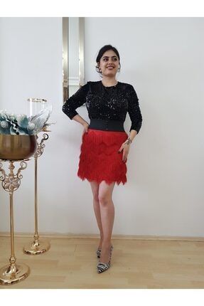 Kadın Siyah Kırmızı Payetli Mini Abiye Elbise FERO0000878