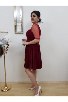Kadın Kırmızı Kadife Kısa Kloş Elbise FERO0000901