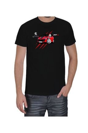 Erkek Siyah Peugeot 207 Baskılı Kısa Kollu T-Shirt TD250477