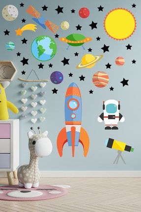Renkli 48 Parça Uzay Temalı Çocuk Odası Duvar Sticker Seti assticker006