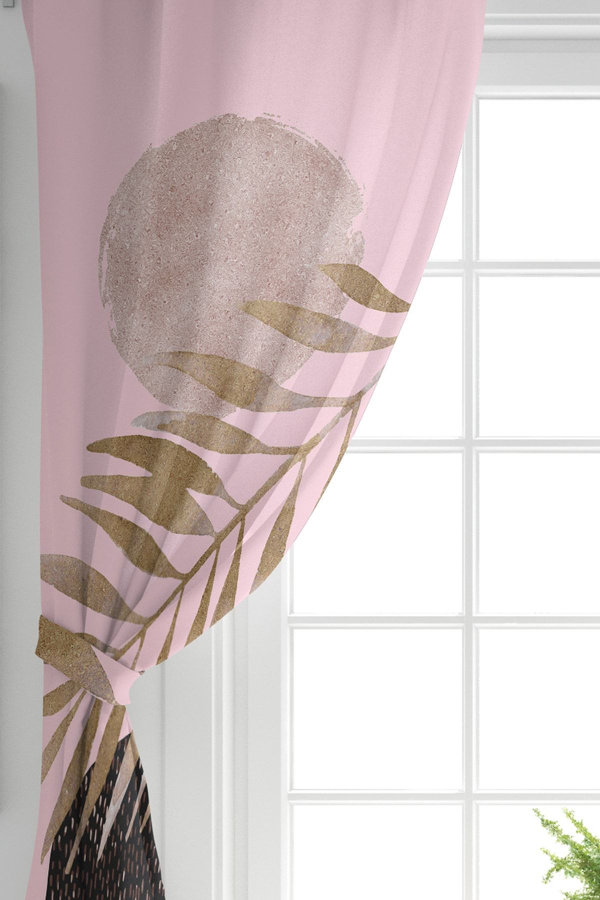 Realhomes-Double Wing Abstract Drawing on Pink Background Moon and Leaf Motif Digital Printed Background Curtain 2