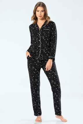 Kadın Yıldızlı Uzunkollu Gömlek Yaka Pijama Takım % 95 Viskon % 5 Elastan 3327