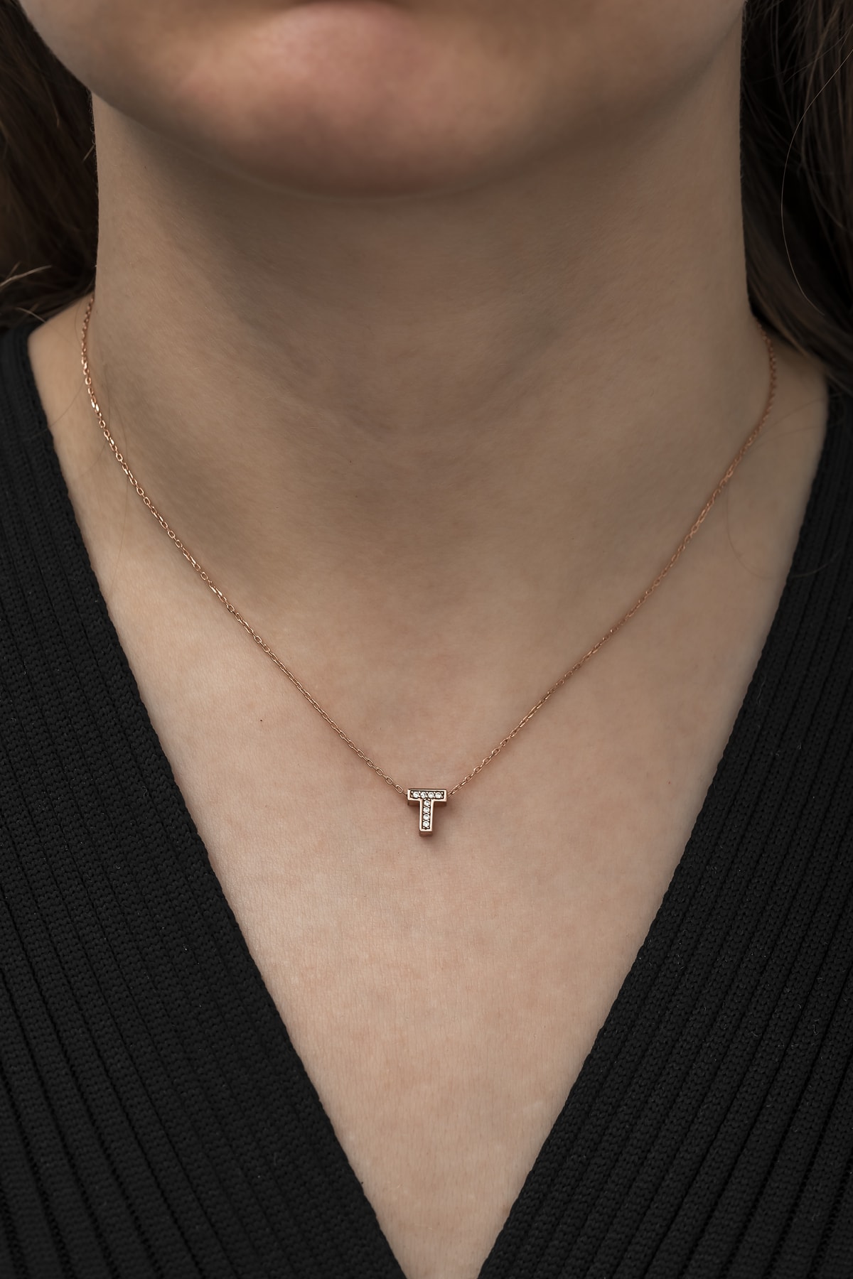 Kadın Rosegold 925 Ayar 3 Boyutlu T Harfi Gümüş Kolye 3