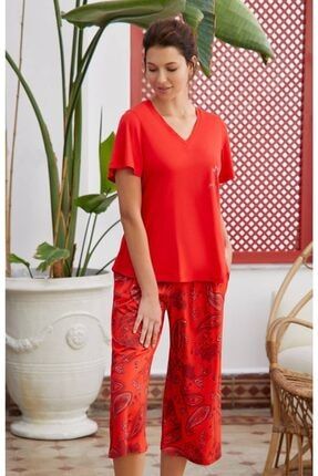 Kadın Kırmızı Modal Şal V Yaka Kısa Kollu Kapri Pijama Takımı 28610 ER28610
