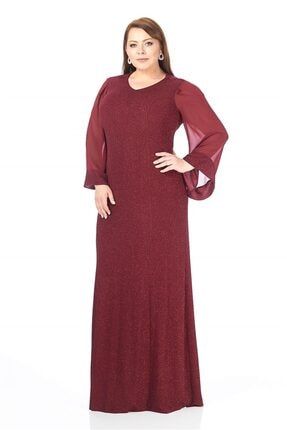 Bordo Büyük Beden Renkli Likralı Simli Elbise 9125-00889
