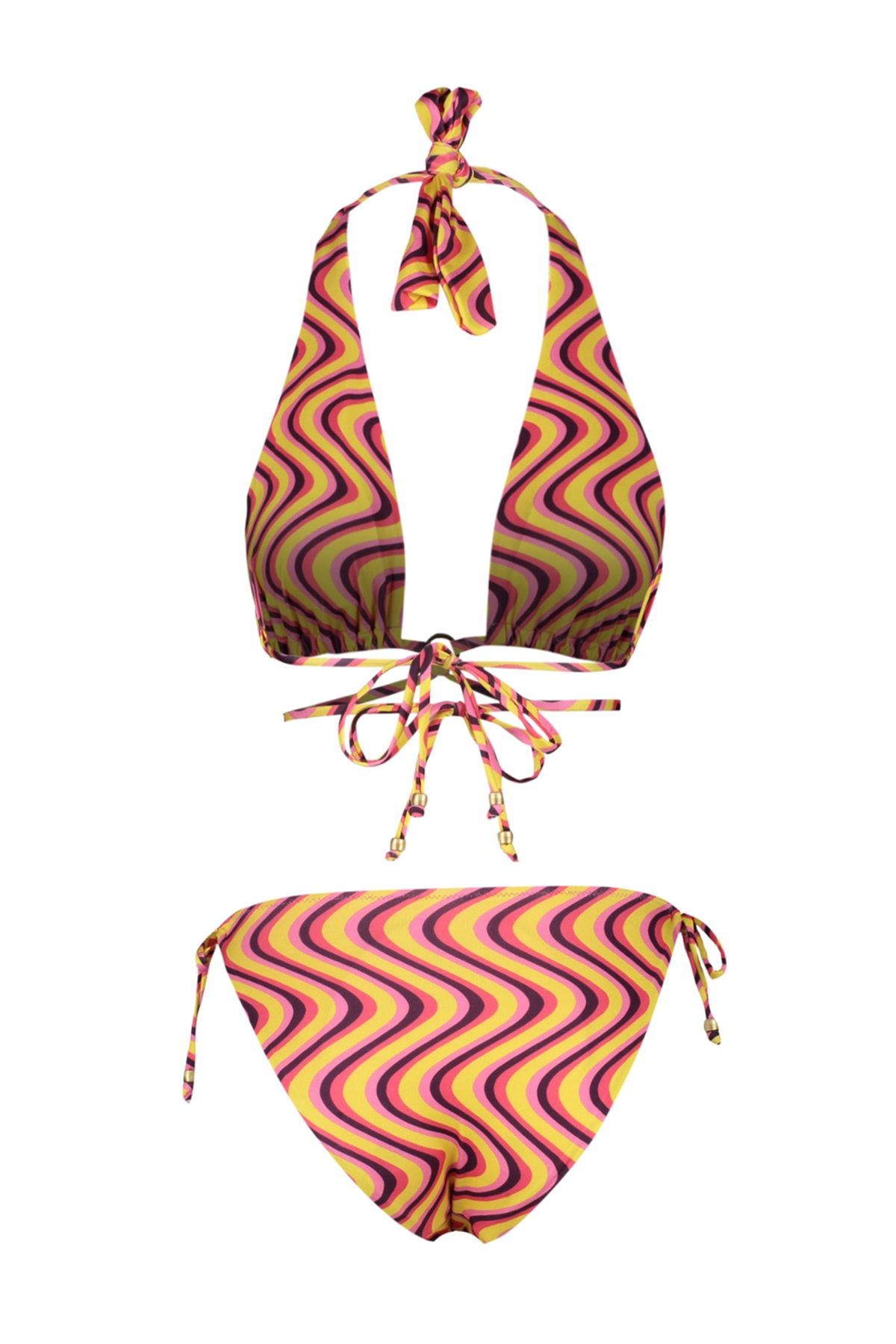 Trendyol Collection-Abstract Patterned Regular Leg Bikini Set with Triangle Accessories TBESS23BT00033 8