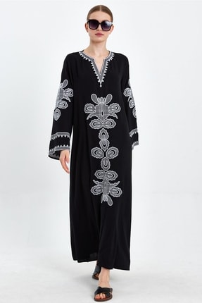 Cotton Mood Vp8138 Kadın V Yaka Uzun Kol Nakış Detaylı Elbise Sıyah Beyaz