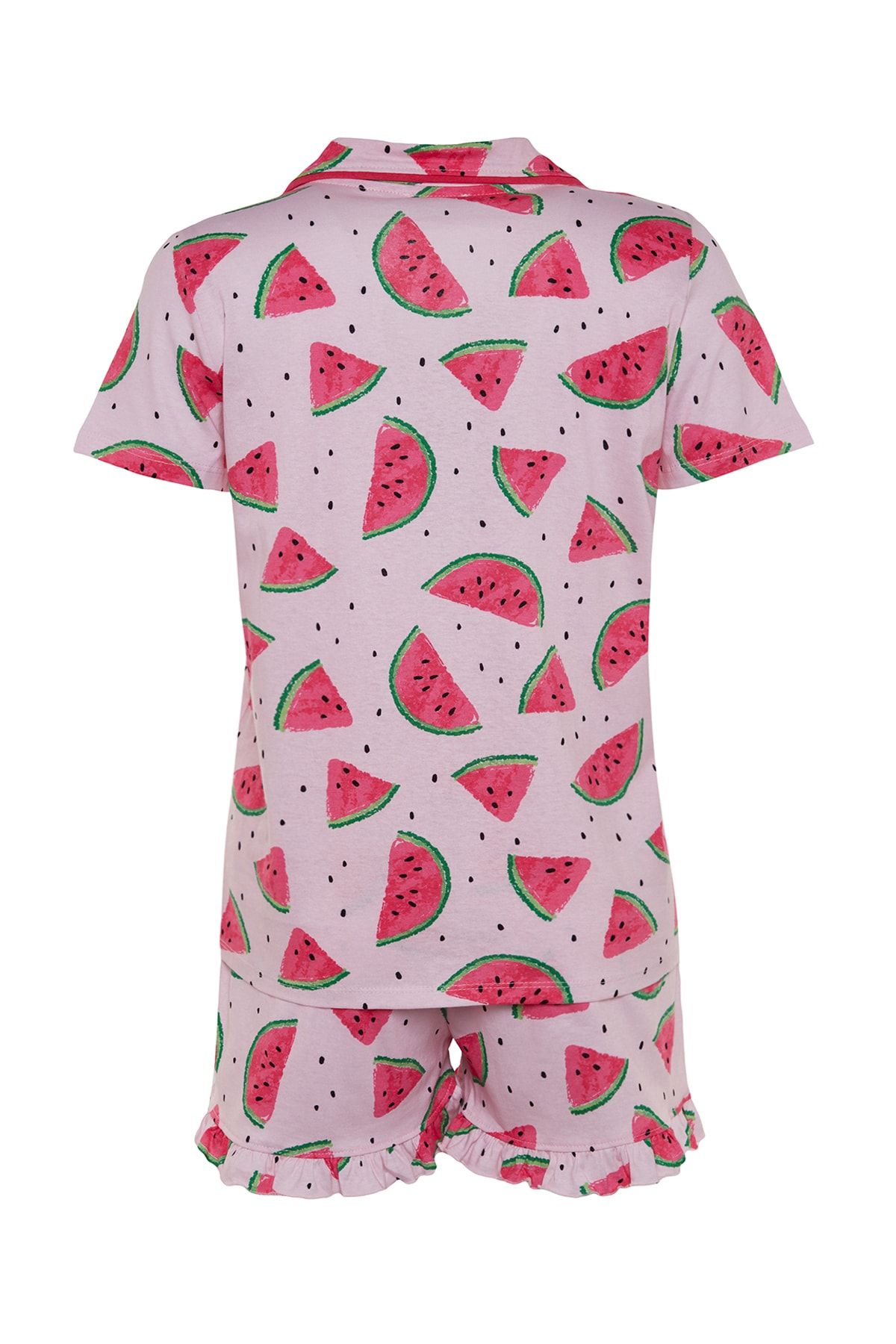Trendyol Collection-Rosafarbenes Baumwoll-Rüschen-Shorts-Pyjama-Set mit Wassermelonenmuster – THMSS21PT0670 8