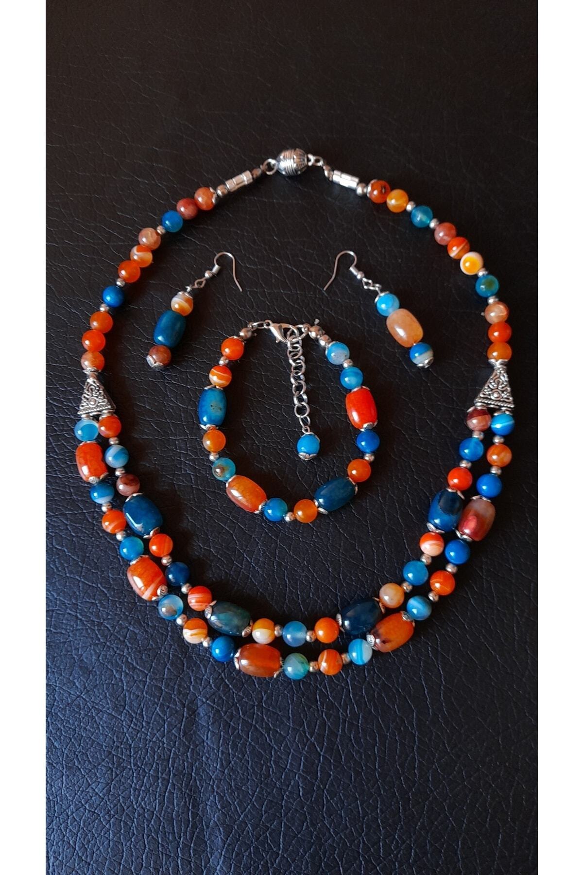 Asteria Elite Turuncu Mavi Akik Nazardan Korunma Motivasyon Cesaret Takı Seti