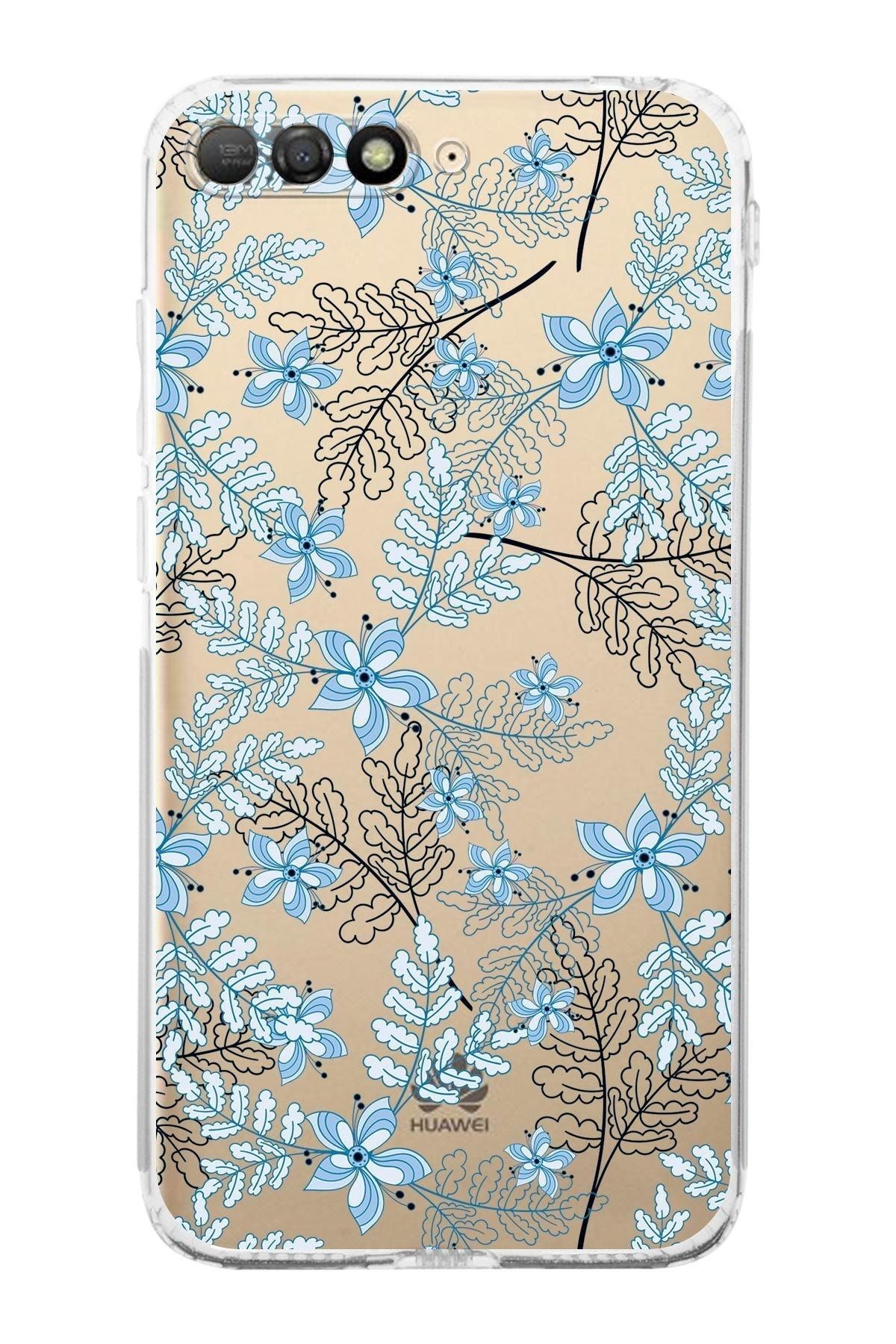 Huawei Y6 2018 Kamera Korumalı Kapak Floral Mavi Tasarımlı Şeffaf Kılıf