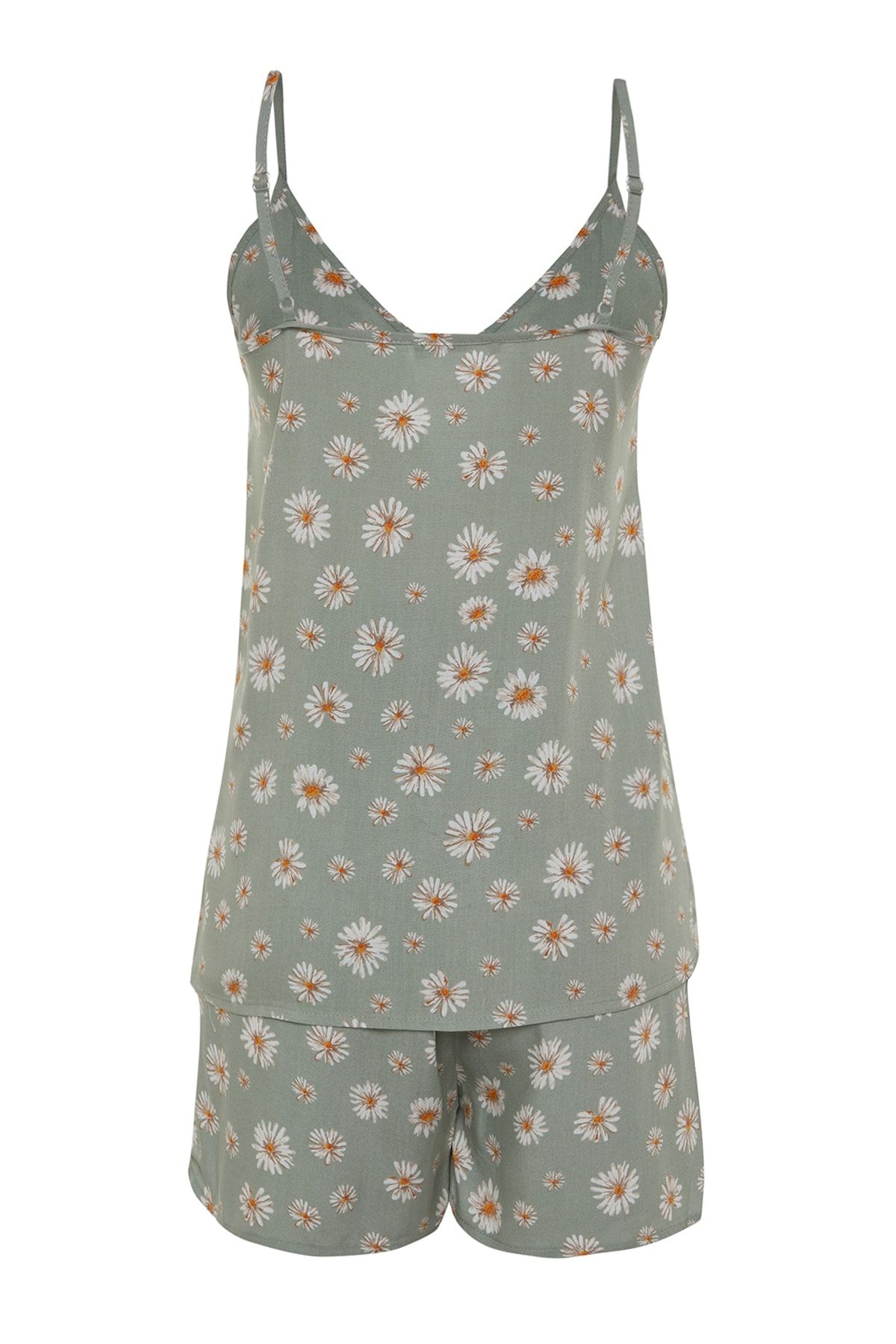 Trendyol Collection-Set pijamale țesute din viscoză cu curele de frânghie cu model floral verde deschis THMSS23PT00006 10