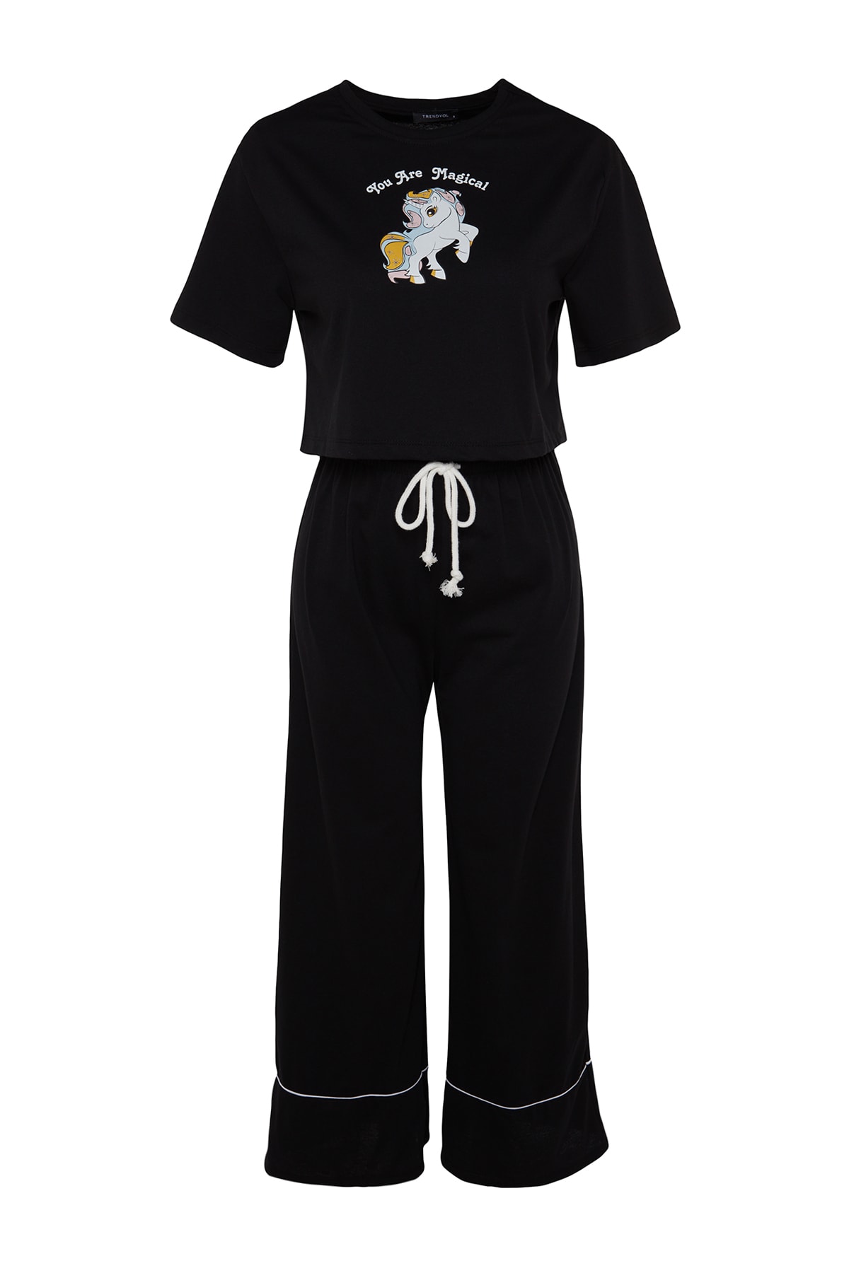 Trendyolmilla  Siyah %100 Pamuklu Eğlence Baskılı Biye Detaylı Örme Pijama Takımı THMSS21PT0953 - Görsel 9