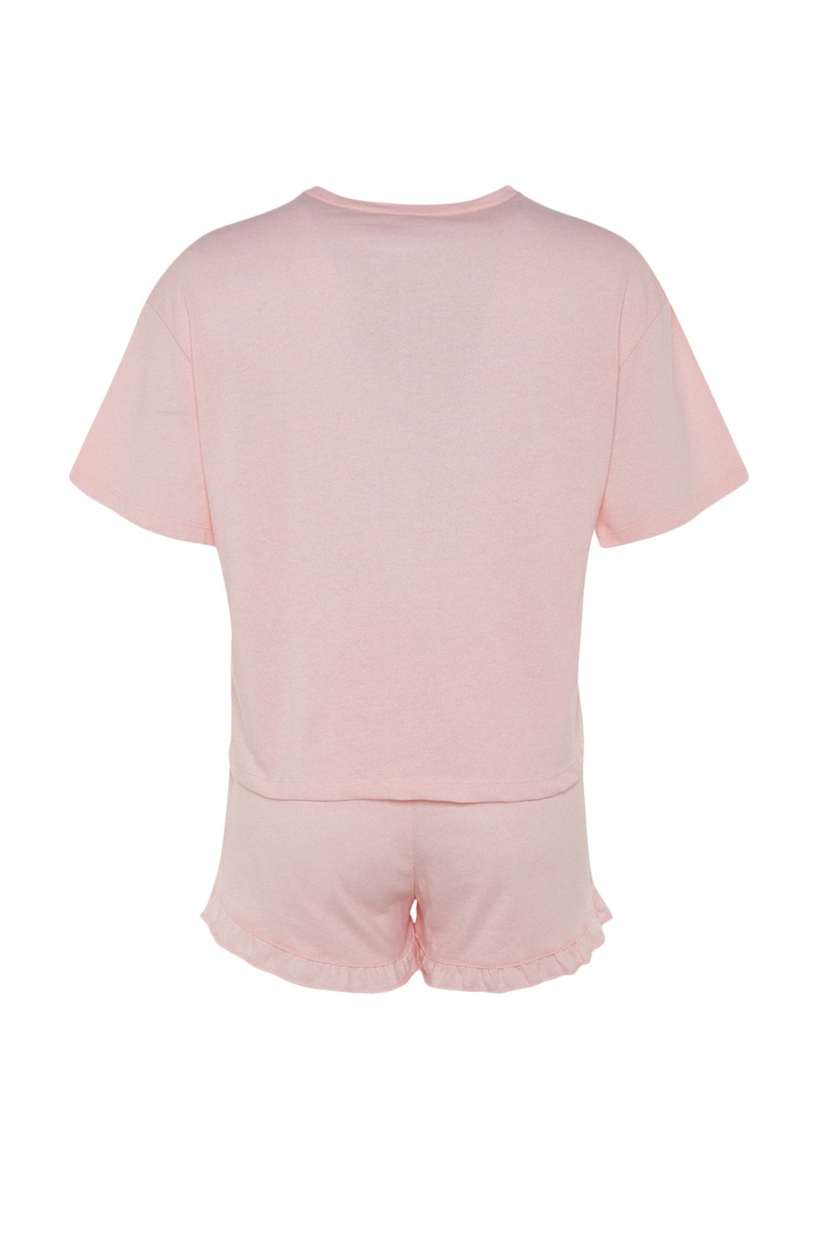Trendyol Collection-Rosa gestricktes Pyjama-Set mit Rüschen und bedruckten Shorts THMSS22PT0422 8