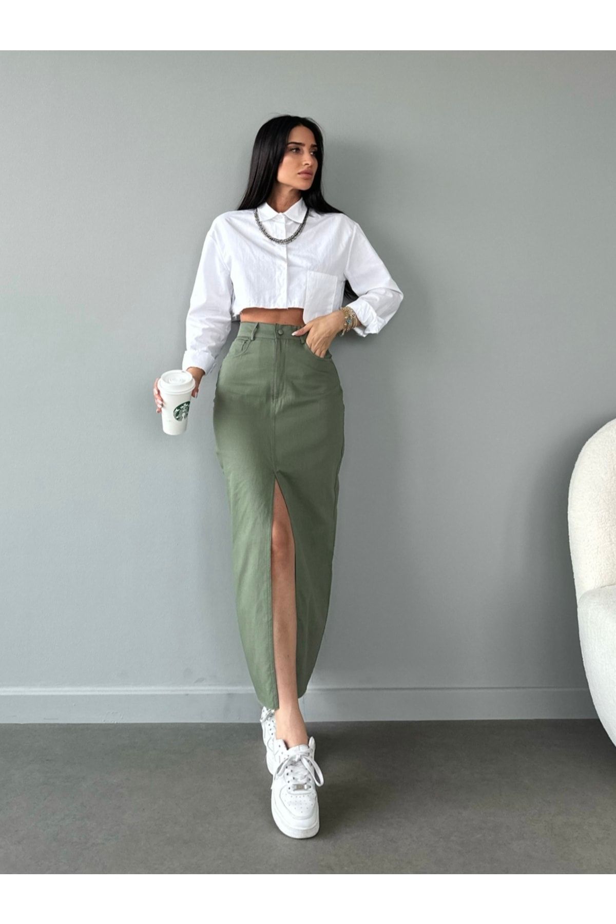 LB Laluna Butik Women s High Waist Front Slit Long Skirt with Cut