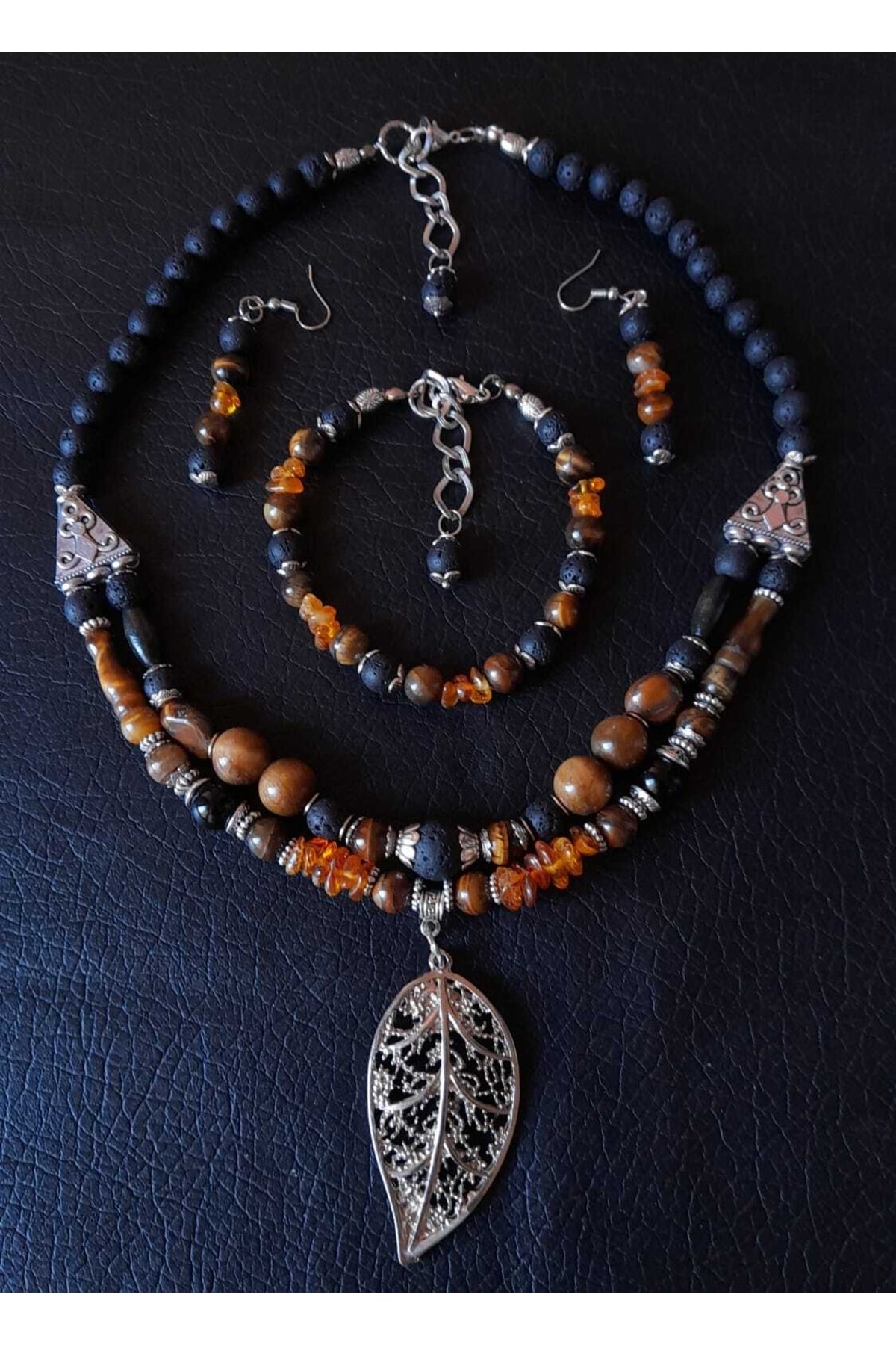 Asteria Elite Lav Taşı Kaplan Gözü Kehribar Güç, Cesaret Ve Huzur Takı Seti