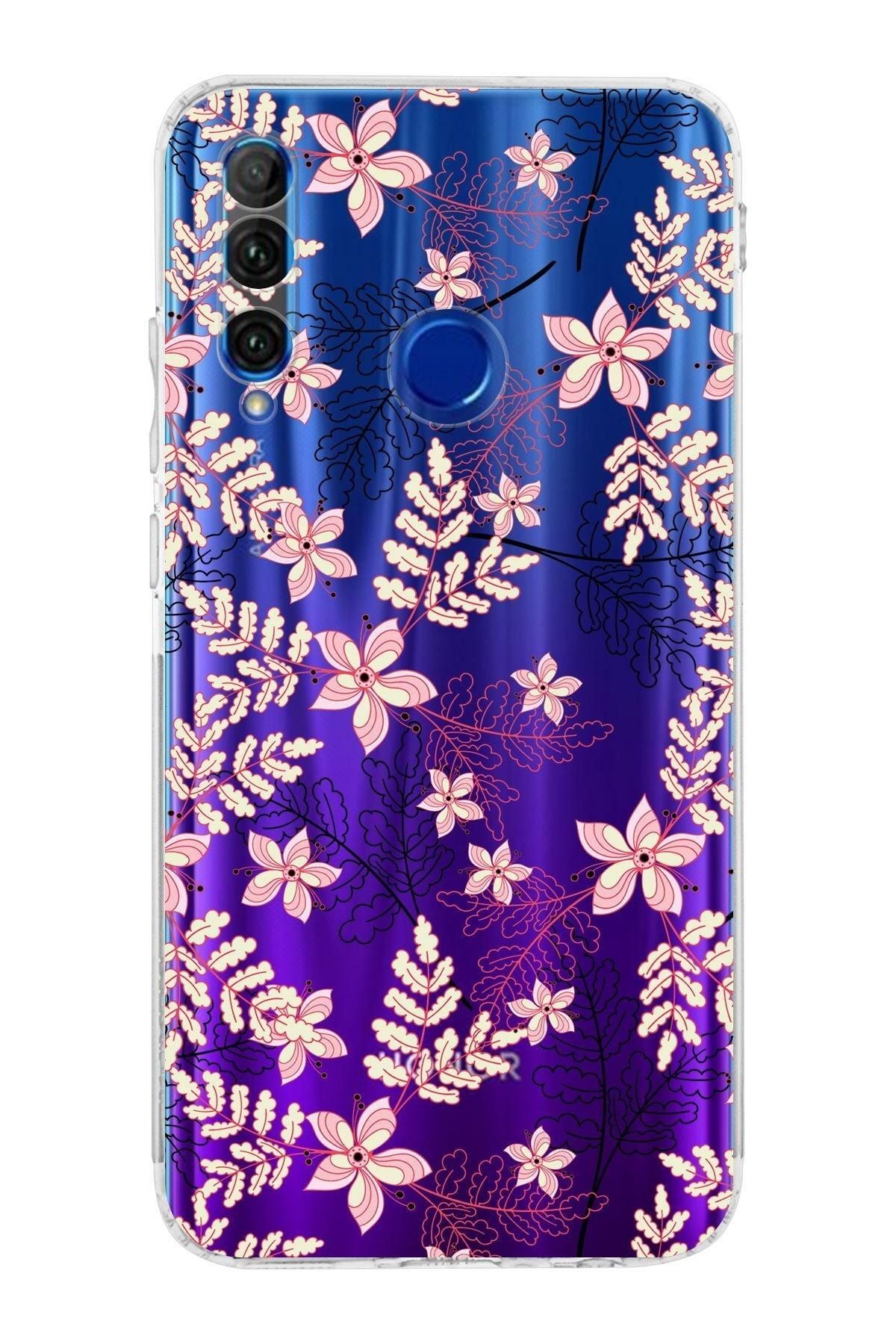 Huawei Honor 20 Lite Kamera Korumalı Kapak Floral Kırmızı Tasarımlı Şeffaf Kılıf