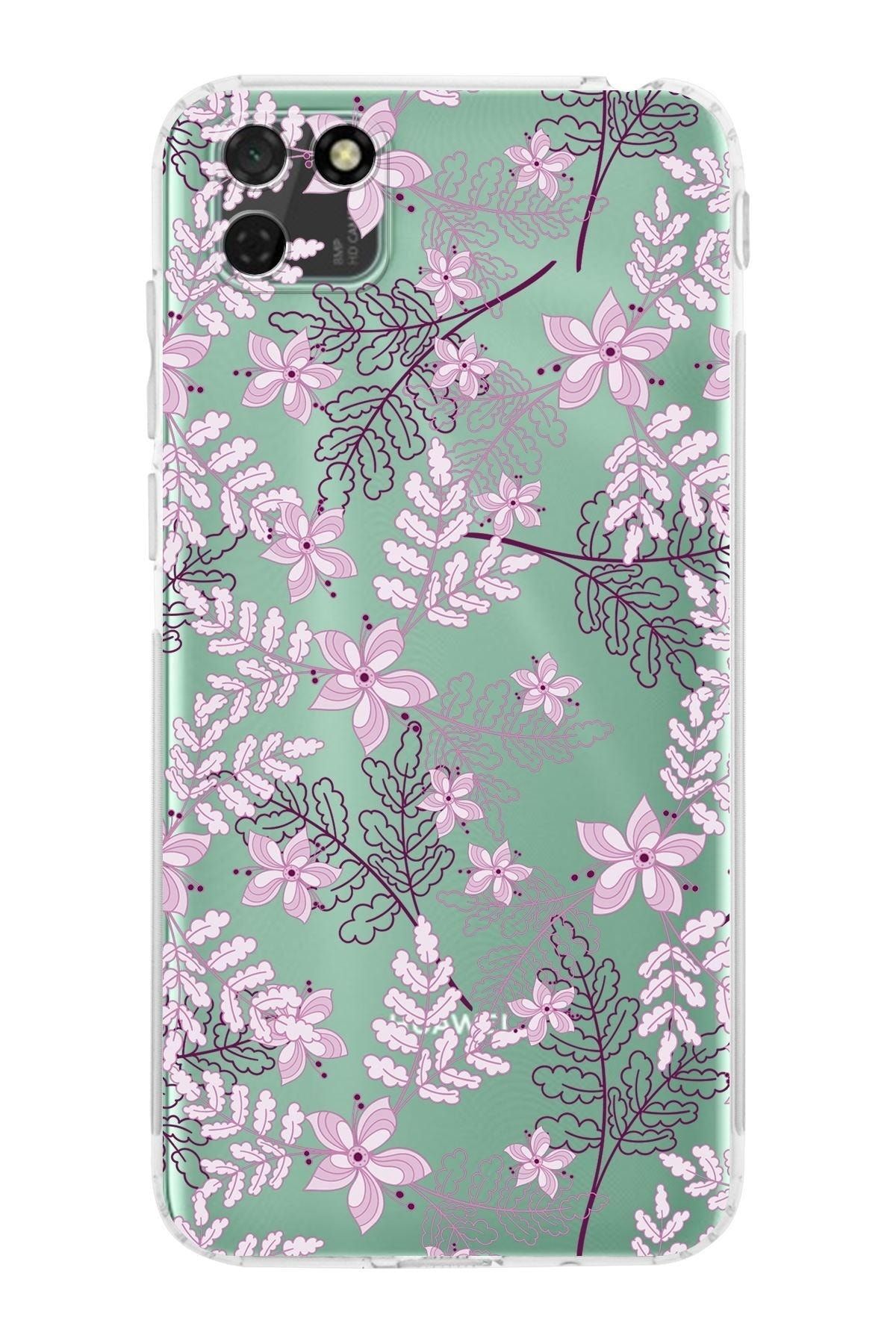 Huawei Y5 P Kamera Korumalı Kapak Floral Pudra Tasarımlı Şeffaf Kılıf