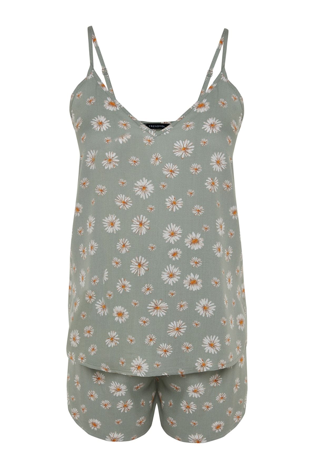 Trendyol Collection-Set pijamale țesute din viscoză cu curele de frânghie cu model floral verde deschis THMSS23PT00006 8