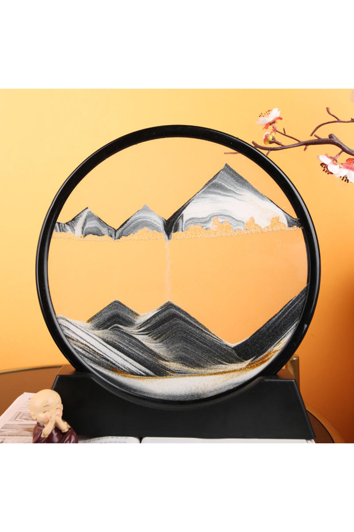 WINTER HOUSE Siyah Dekoratif Yuvarlak Kum Saati Şık Kum Tablosu Stres Attırıcı