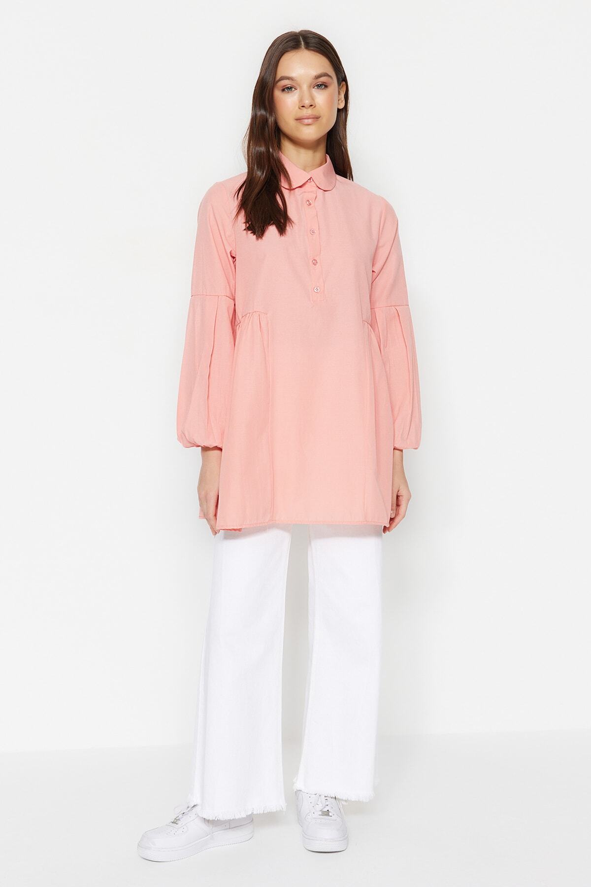 Trendyol Modest-Dried Rose Baby Collar Gathered Woven Cotton Tunic TCTSS23UK00088 2