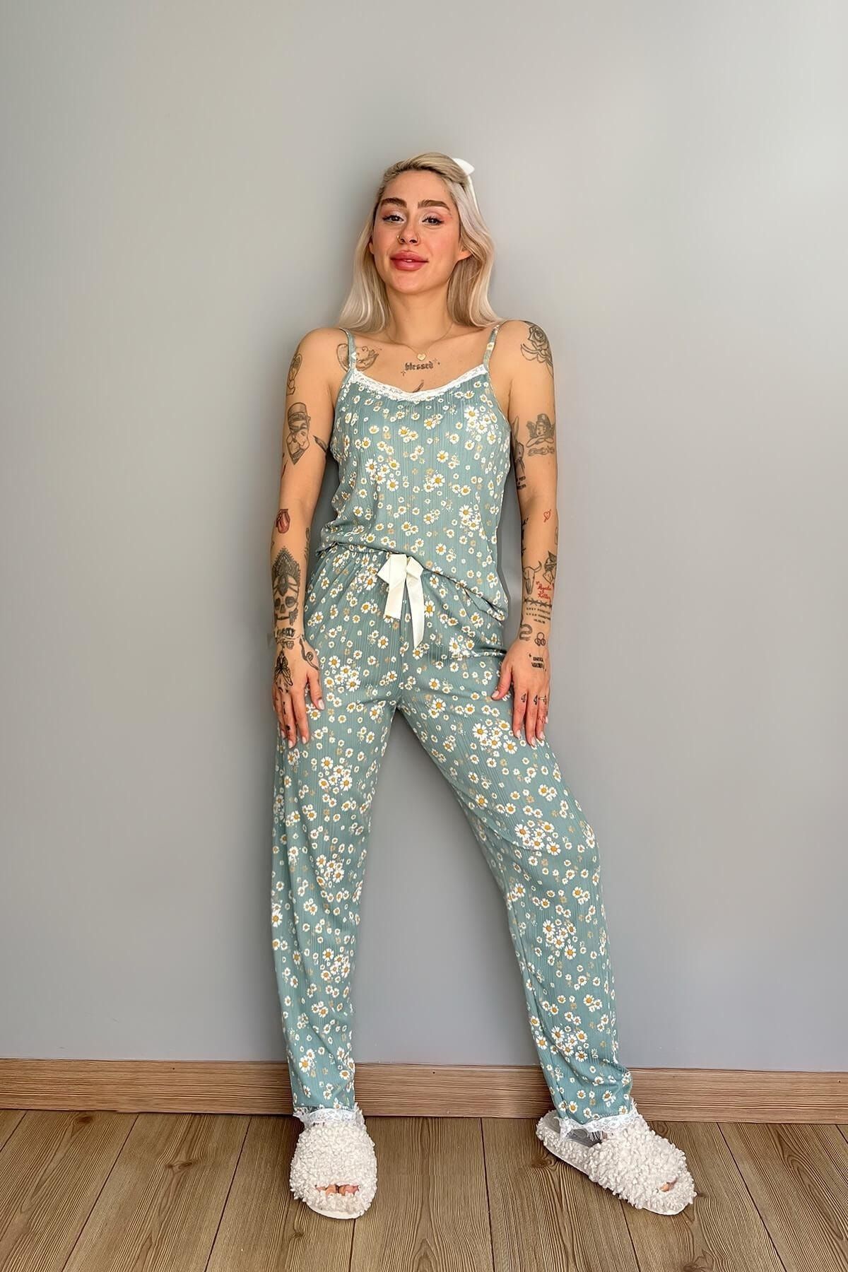 Pijamaevi-Πλεκτό Γυναικείο Σετ Πυτζάμες Πράσινο Mini Daisy Lace String String 5