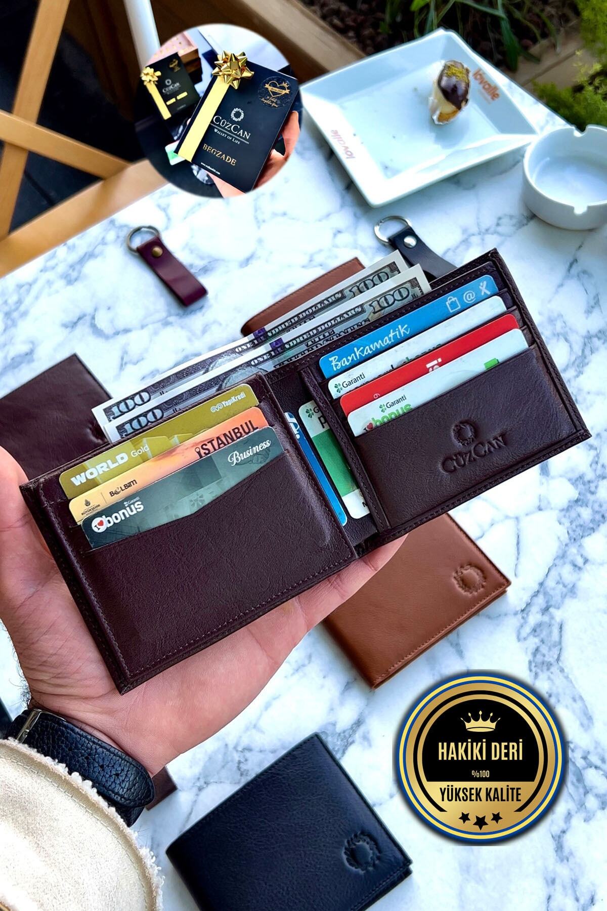 NYC Brown Men's Genuine Leather Loose Card Slot Wallet Custom Printed to Name (KEYCHAIN GIFT)