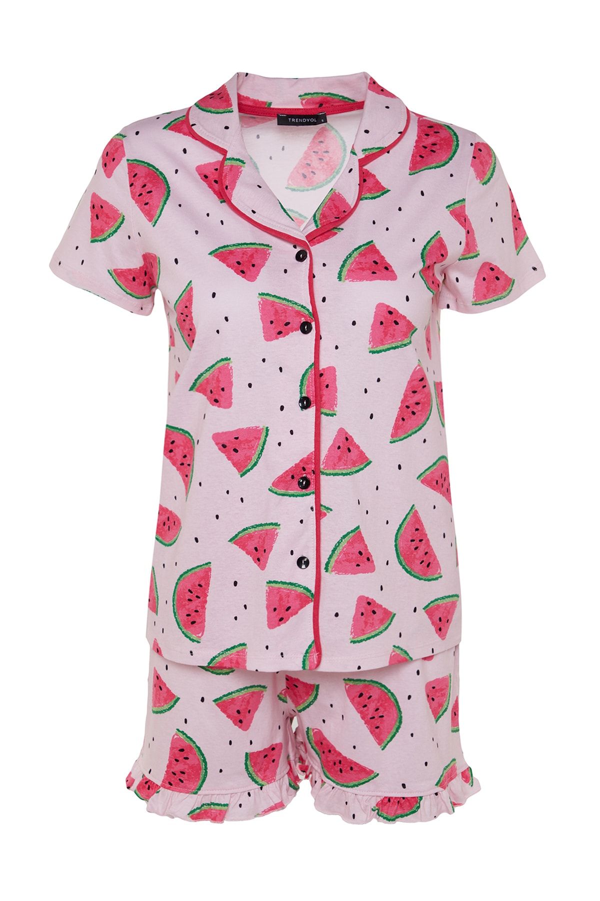 Trendyol Collection-Rosafarbenes Baumwoll-Rüschen-Shorts-Pyjama-Set mit Wassermelonenmuster – THMSS21PT0670 6